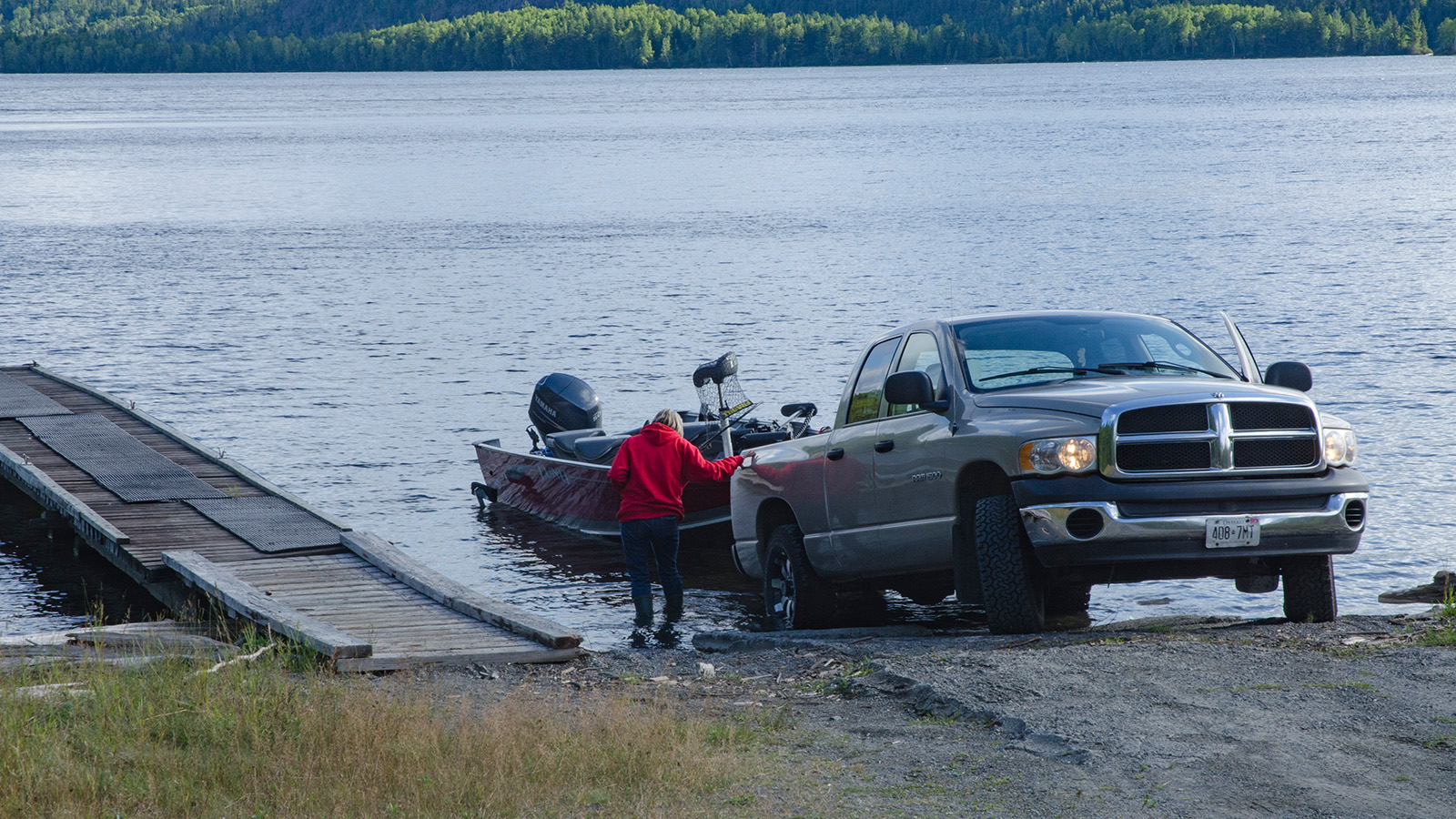 Truck and boat at boat ramp